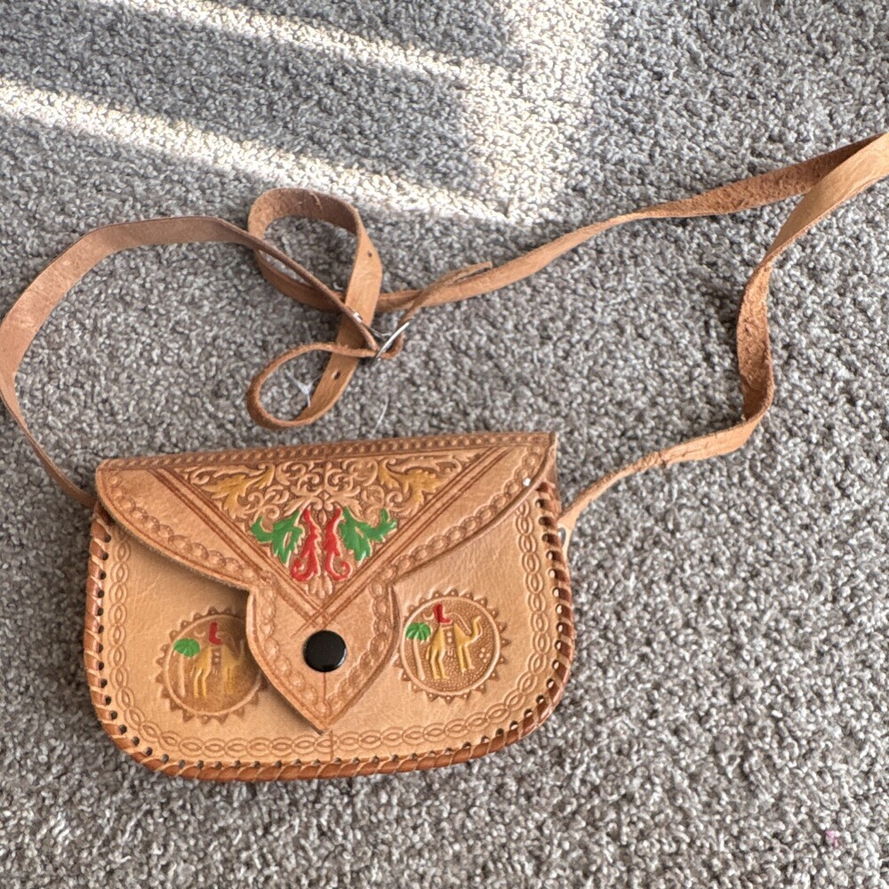 Womens Brown Crossbody Bag Tooled/Embossed Snap Flap Silver *read description
